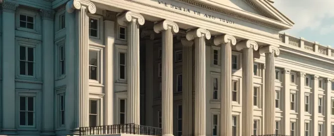 A realistic depiction of the United States Treasury Department building in Washington, D.C
