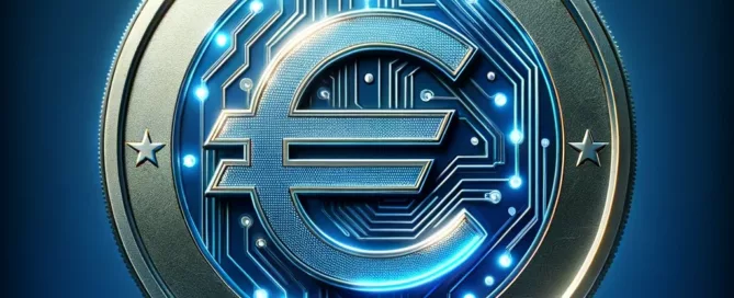 A shiny digital euro coin glowing with a blue and silver color scheme, featuring the euro symbol (€) prominently in the center