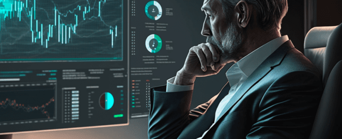 Senior looking man in front of desk with charts and graphs
