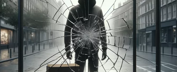 Broken store window, symbolically reflecting the loss of community trust and security due to retail theft