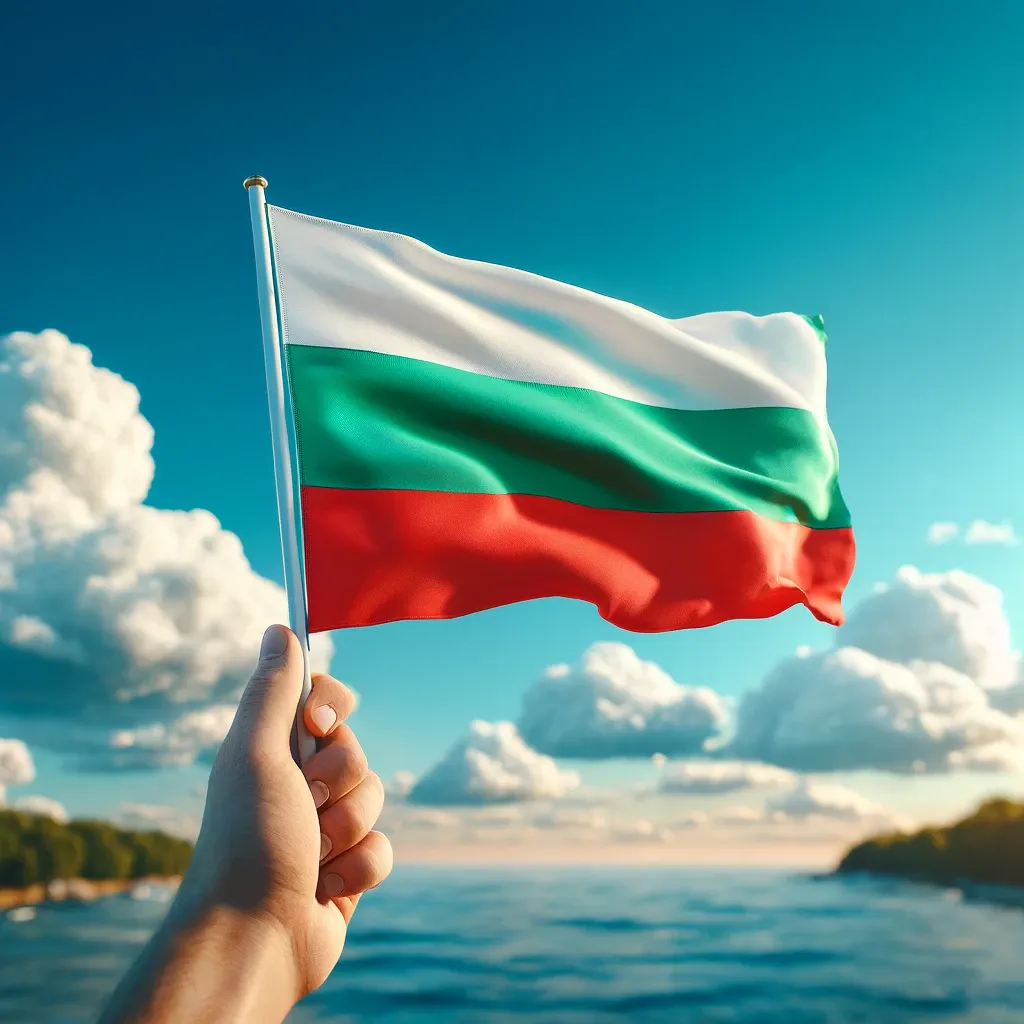 Fand holding Bulgarian flag with clouds and open sea background