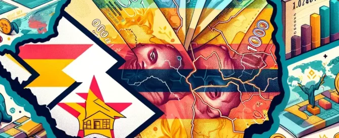 Map of Zimbabwe with the capital, Harare, highlighted prominently. Around the map, currency reform with coins paper money and charts
