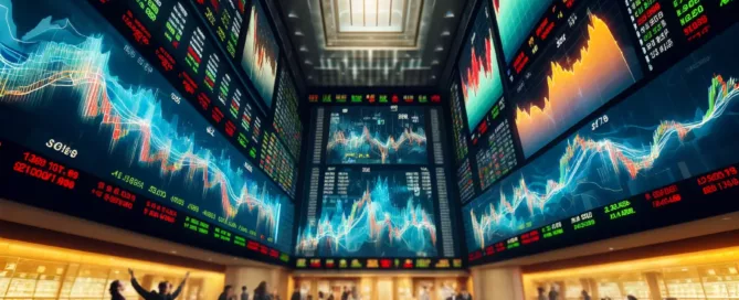 stock market floor with stock brokers and stock market screens on top