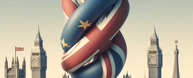 United-Kingdom-and-the-European-Union.-Show-two-large-flags-one-of-the-UK-and-one-of-the-EU-intertwined with London bridge and Eifel tower at the background