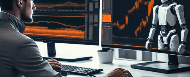 Man staring at dual-screen understanding AI Trading