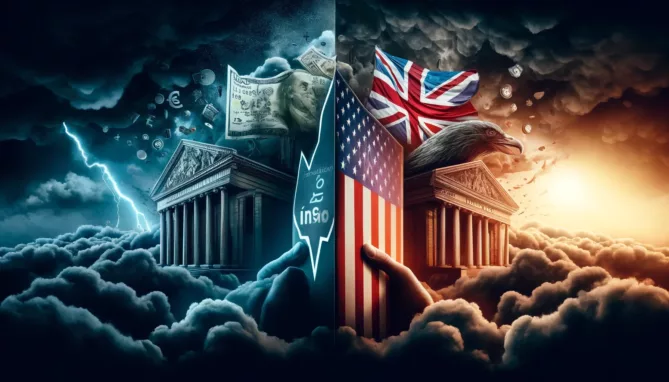 US national bank and flag on the left With US inflation rate signals and British bank and flag on the right with sun light