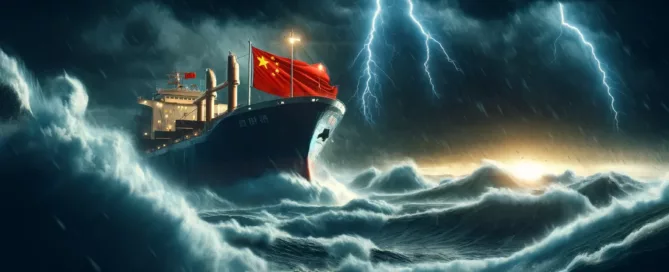 Chinas-economy-as-a-large-ship-navigating-through-stormy-seas.-The-ship-is-emblazoned-with-the-Chinese-flag