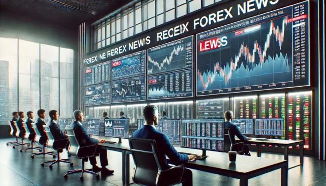 Forex-trading-room-with-multiple-large-screens-prominently-displaying-recent-Forex-news-headlines-and-charts