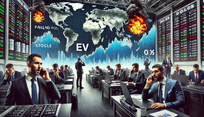 the serious impact of a drop in oil profits and missteps in the electric vehicle (EV) market on the currency market. It captures the intense atmosphere of a stock market trading floor with traders reacting to the financial changes.