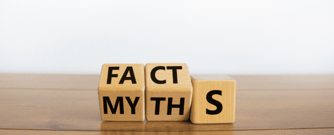 3 die depicting the words 'facts' and 'myths'