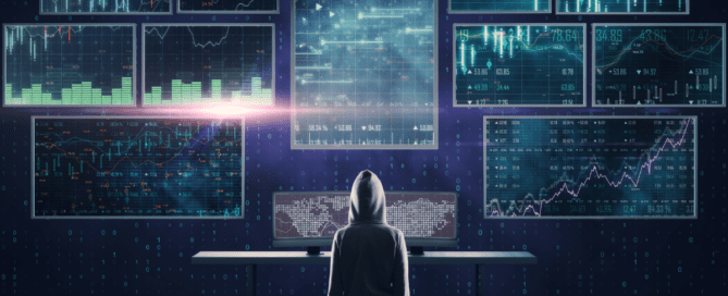 Person standing in front of a wall filled with multiple screens with charts and graphs