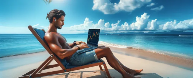 Man resting in hamock chair on a beach with a laptop open