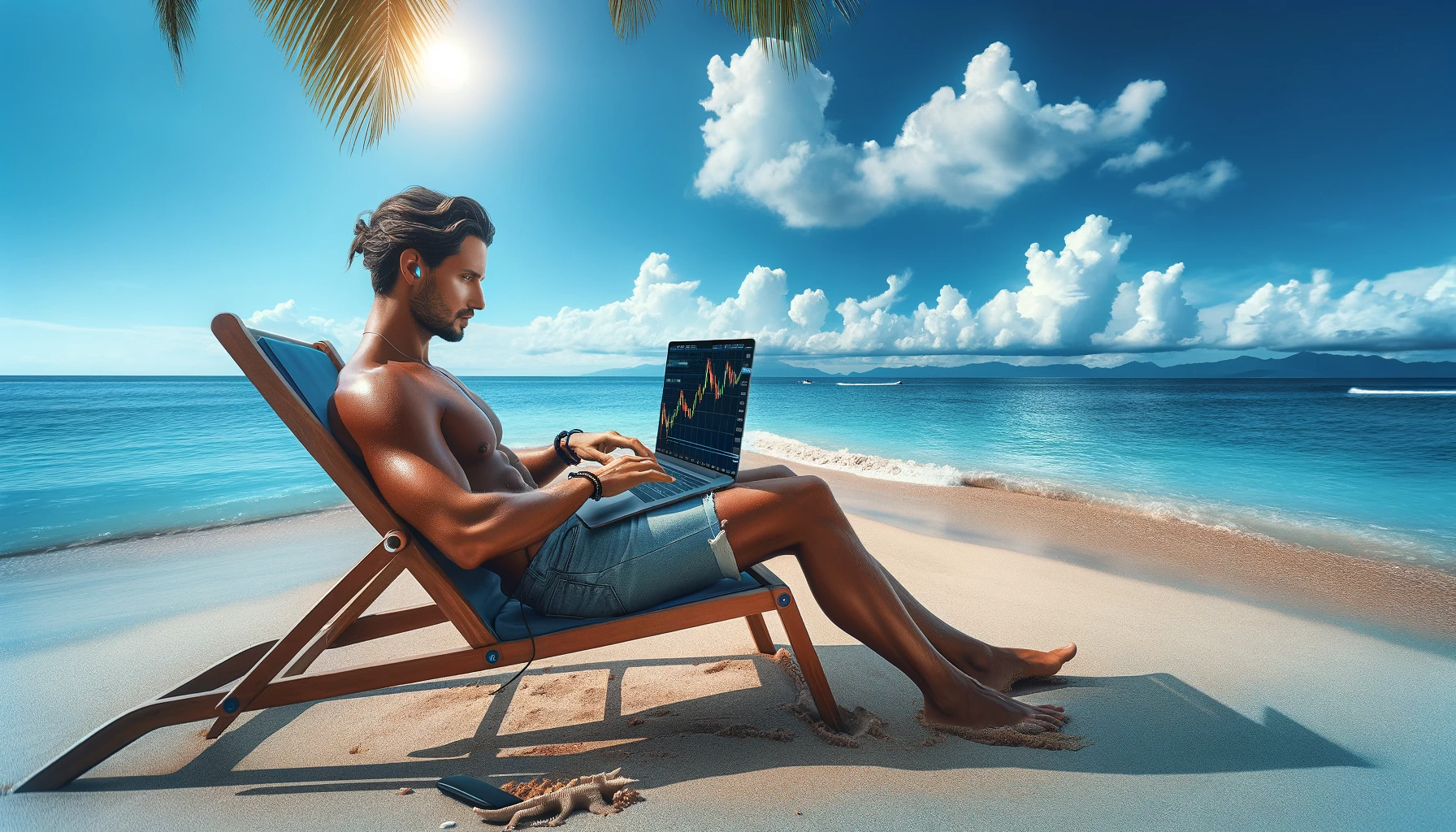 Man resting in hamock chair on a beach with a laptop open