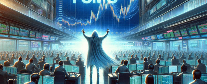 Trading floor with a number of persons on desks one person in the middle hands out with chart with the word FOMO on the background