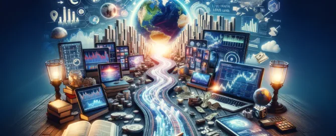 Financial road leading to planet earth-journey is filled with screens of trading charts-background filled with symbols of financial growth